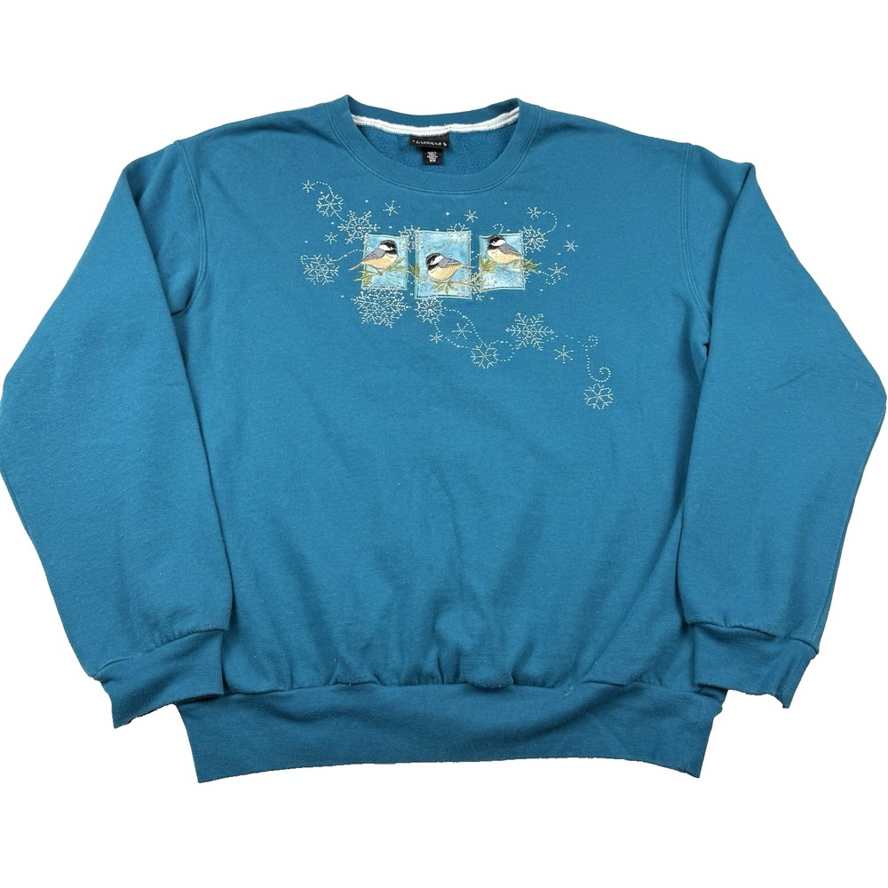 Morning Sun Chickadee Bird Crewneck Sweatshirt Size Medium Stud Snowflake Winter